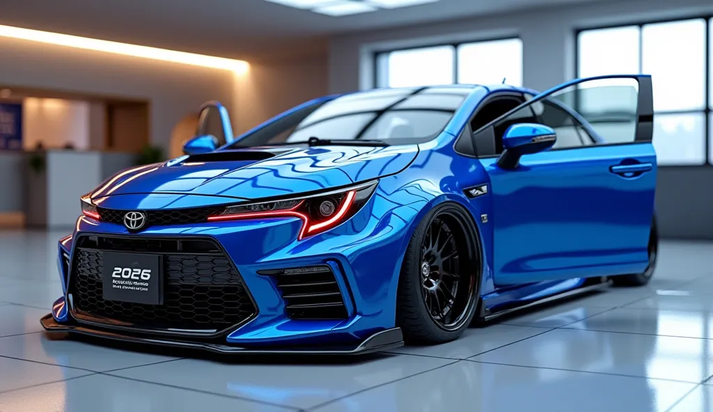 3D render of a heavily modified (2026 TOYOTA COROLLA)in (blue )colour, (full side view) The car features opening doors, ultra-high-detail glossy and shiny modifications, including sleek add-ons. The  (2026 TOYOTA COROLLA) logo is prominently displayed of t...