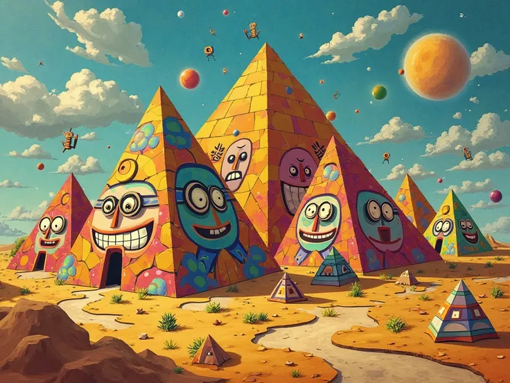 comical Egyptian pyramids with different Picasso style facial expressions