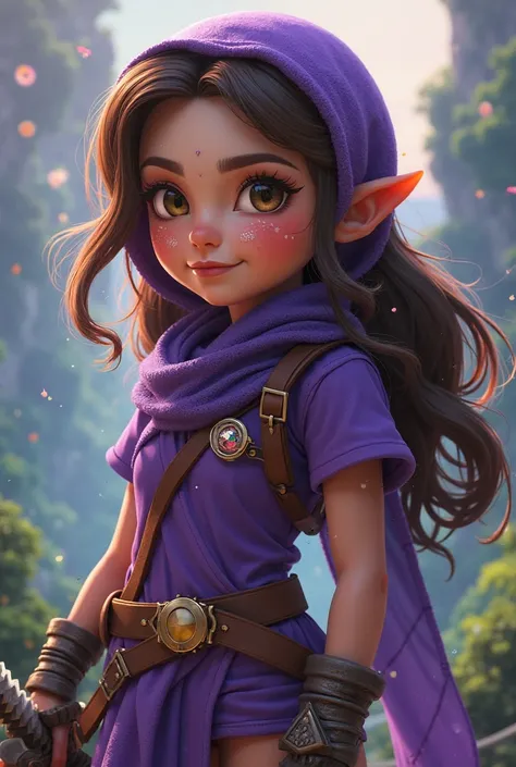 She plays an adventurer wearing purple clothes with brown hair with several little kisses around her and she is holding a diamond sword from Minecraft