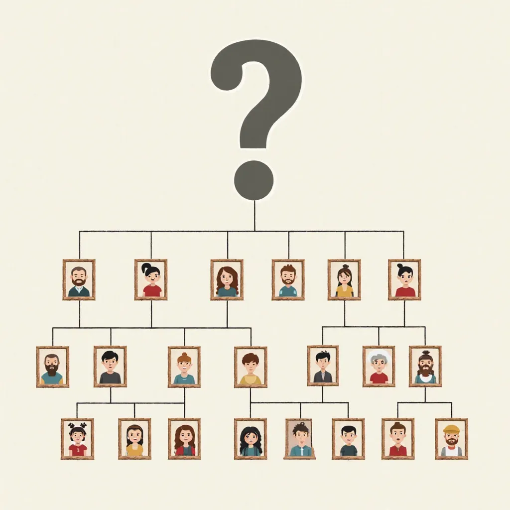 A visually engaging family hierarchy chart featuring a large question mark at the top, representing an unknown ancestor. Below, framed portraits of family members are arranged in descending generations, connected by clear lines to show relationships. The d...