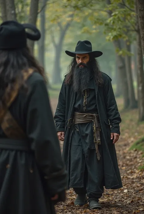 

ChatGPT a dit :
A man with a thick black beard and long hair, wearing a traditional black hat (shabit) and a long black coat. He appears serious as he walks towards a poor shepherd sitting under a tree in a forest.