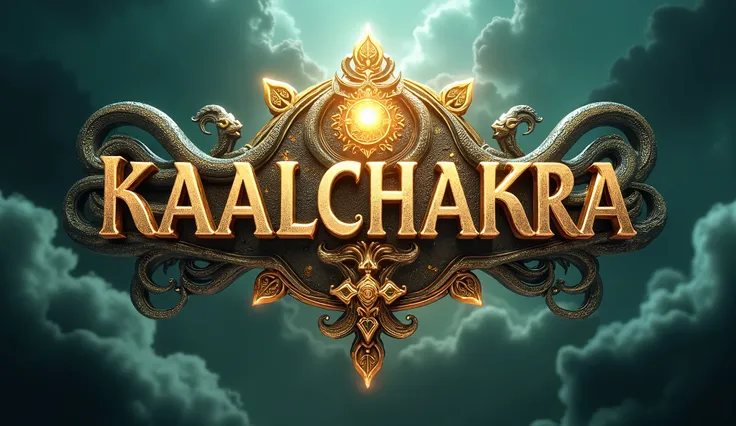 "A high-budget cinematic movie title design for the word 'Kaalchakra.' The title should appear majestic and powerful, with elements inspired by ancient Indian mythology. Use intricate serpent-like motifs to represent the divine snake 'Kaalchakra,' with glo...