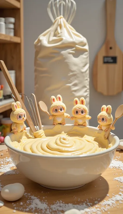 Tiny Labubu characters stand on the rim of an enormous mixing bowl, holding giant wooden spoons. They are stirring a thick, golden batter, with one Labubu almost falling in but being held by a friend. The bowl is so large that it looks like a swimming pool...