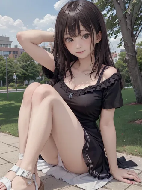 masterpiece, anatomically correct, High Resolution, Ultra High Definition。 1 beautiful girl。Short and baby-faced。Has big breasts and beautiful legs。Has light brown hair。realyami。 Wears a Ruffled Dress 。miniskirt。 wearing white sandals。sitting on the grass ...