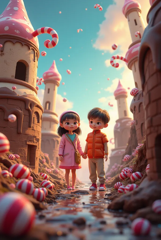 A girl and boy enjoying in in Dreamland magical vibe chocolate factories fun adventures 