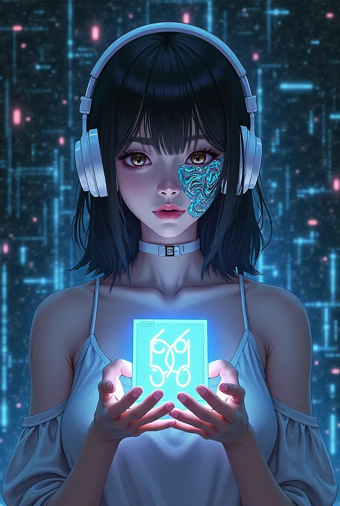 Create an anime-style wallpaper resolution 1080 2348 female character with a robotic side of her face with white headphones and black hair holding an Exynos processor symbol and a background with dark blue amoled wires