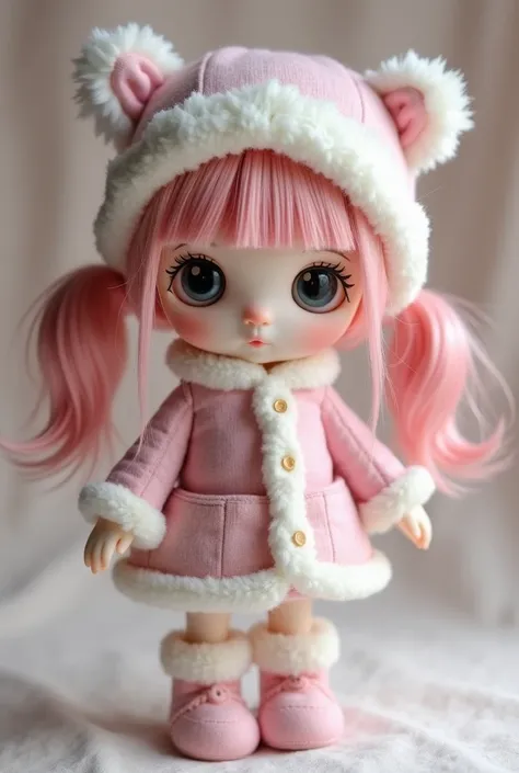  is close to the front 、 pink、 peach、The doll, carefully embroidered in purple、and stands on a light-colored cloth。The doll's white skin and two-tone hair are、, is styled in twin tails、each strand is carefully sewn。Her large eyes are realistically represen...