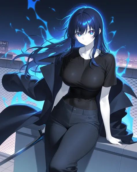 best image quality、High Resolution、 dark blue hair 、dark blue eyes、Spectral colored eyes、 Long Coat 、rooftop、、  black t-shirt 、beautiful breasts、、Blue aura、 long hair、best image quality、huge pants、 white skin、thunder、sword