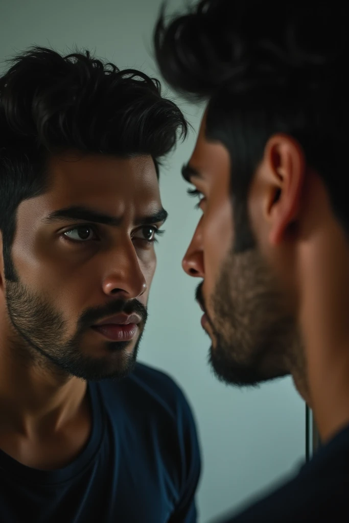 Image Prompt: A close-up of Arjun looking at himself in a mirror, saying motivational words to himself with a determined face.