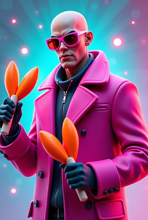 A man in a pink coat and sunglasses has 2 orange bats, Hologram inspired by Nico Henricon, Tumbler, Neo-Dada, Roblox Avatar , レーザー剣を持っている,  anonymous like a sausage ,  as a Fortnite character , Slim Shady Tennis Ball Monster, fvckrender,  pose , Fortnite's...