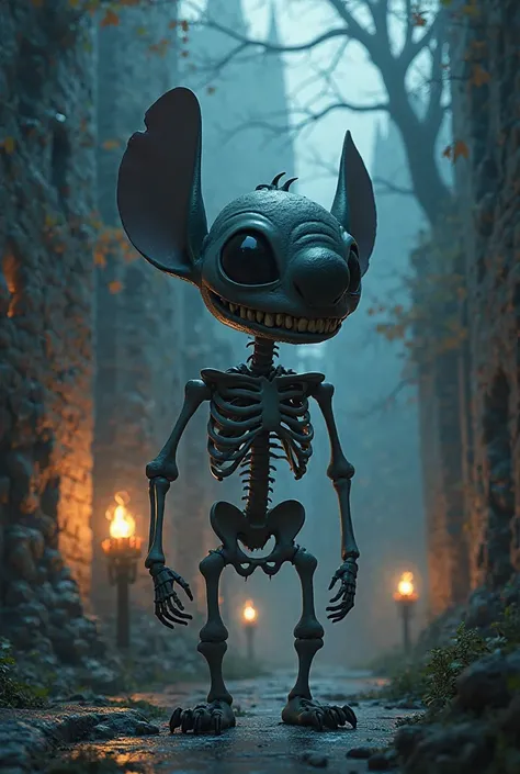 alien stitch from a fairy tale as a skeleton in a dark castle 