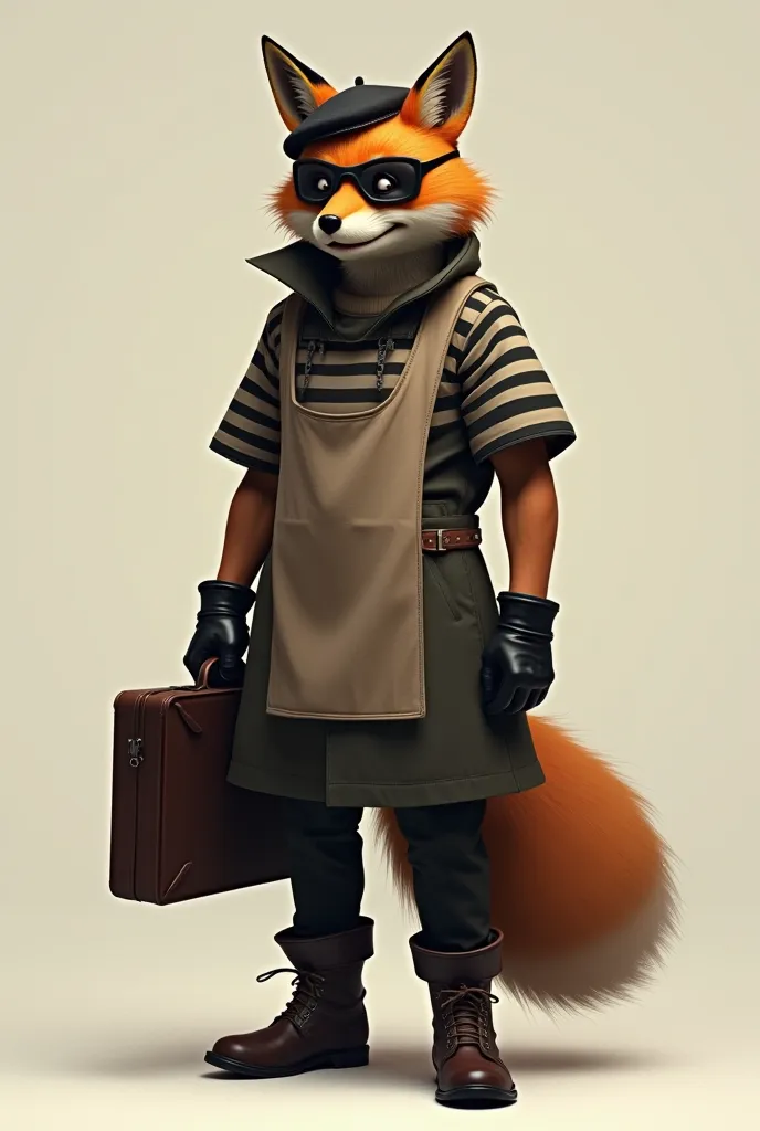 Man with a fox face and a mask
Dressed in a bib and a striped t-shirt like thieves 
With a fox's tail
Boots and beret with fox ears
And a briefcase 