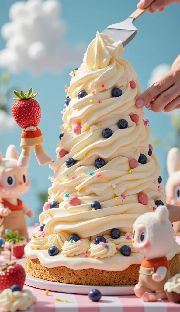 Tiny Labubu characters spread thick layers of cream over a giant cake, using spatulas larger than themselves. One Labubu balances on a strawberry bigger than its body, while another carefully arranges giant blueberries. The cake is beautifully decorated, w...