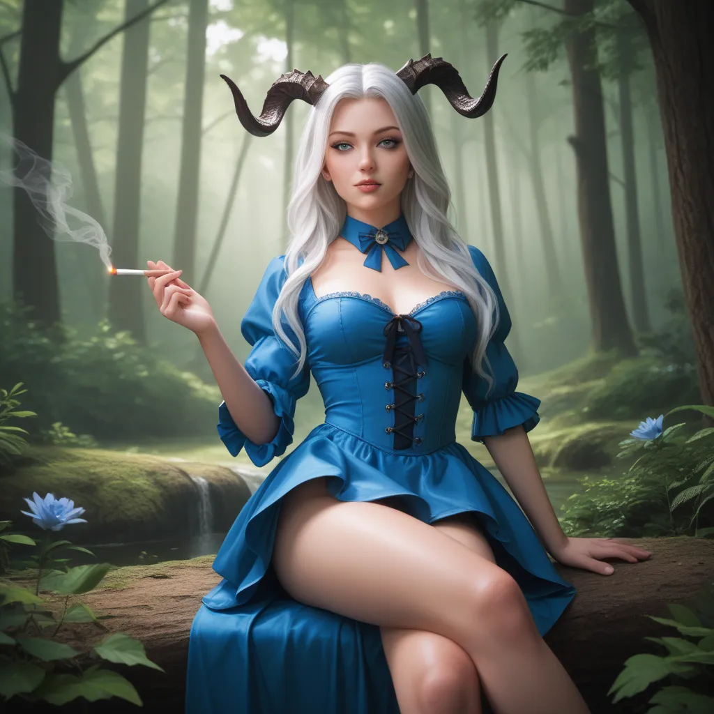 Sexy Alice in Wonderland, with tattoos, long white hair and horns, Dressed in a sexy little blue dress, sitting in the magical firest, smoking cigarettes 