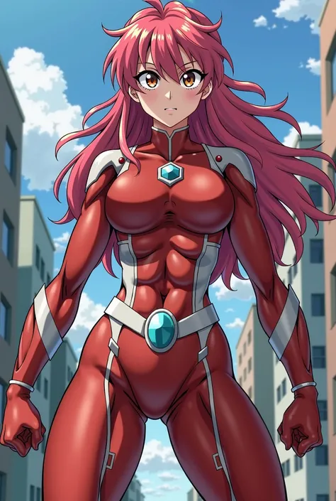  My Hero Academia Style , Anime girl, female, young female,muscular female,Full Body Shot,(fighting Pose:2),Long hair, Red Hair,  Brown Eyes,Hero Suit, Full Body Suit, red suit with white details,small round blue jewel in the center of the chest, perfect a...