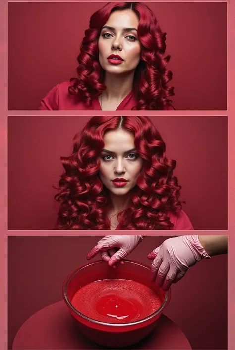 Ek triptych-style image jo magenta red hair color ke transformation process ko dikhaye. Pehle frame me ek ladki ke curled hair jo magenta red color me dyed hain, middle frame me L’Oréal Majirel aur Majicontrast Rouge Magenta ke hair color tubes aur boxes, ...