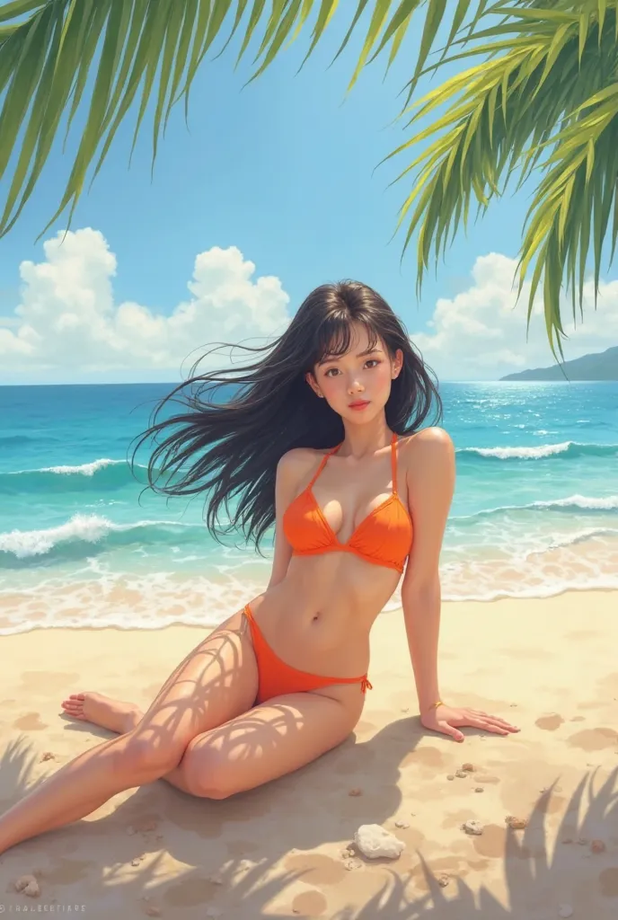 A lovely Korean girl with black hair, wearing a vibrant orange bikini, lounging on the beach in Busan."