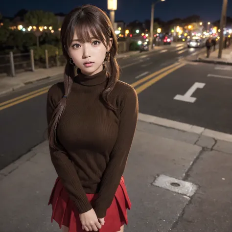 ((short twin tails)),1 girl, beautiful girl、Alone, High Resolution, 最high quality, high quality, textured skin, Ultra High Precision,((beautiful big brown eyes)), ((red hair)),((Turtleneck sweater with jeans jacket and red skirt)),
((Photograph from the wa...