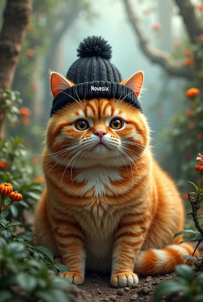 chubby orange cat wearing the 'NOVESIX' black knitted hat.Sitting drugs jungkys,very realistic,very detailed,4k