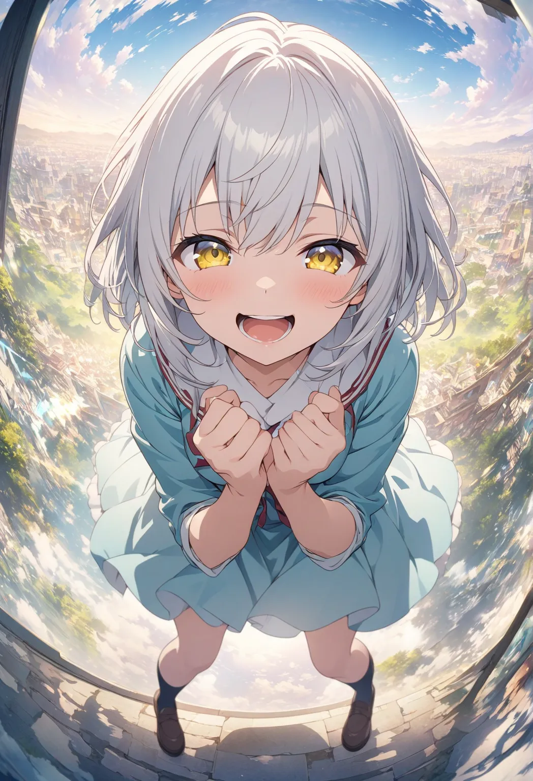 masterpiece, Highest quality, Highly Detailed CG Unity 8k Wallpaper, bet background, anime illustration of a high school girl. Attractive Pose、Close your eyes、is opening his mouth, smile.  The background is a pastel colored landscape, White hair color, yel...