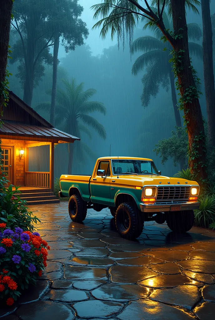 Create a breathtaking, hyper-realistic oil painting of a serene rainy jungle scene at night. In the foreground, a 2001 model Ford truck jeep, painted in a striking yellow and cyan color combination, is parked on the side of a large stone-tiled pathway, gli...