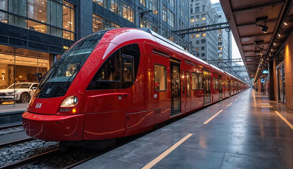 A high-definition left-side view of a sleek, modern red train with a glossy finish, passing by a luxurious showroom. The showroom features large glass windows, elegantly illuminated to showcase high-end cars and stylish interior decor. The urban setting in...