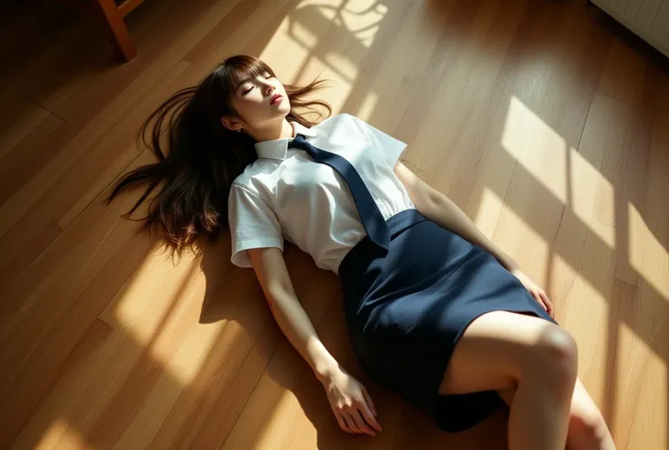 Sexy beautiful Japanese woman, a self defense officer uniform, wearing a white short-sleeves shirts, navy blue tie, navy blue pencil skirt, Black patent high heels, beautiful hip-line, Beautiful thighs, beautiful legs, The woman is exhausted and asleep on ...