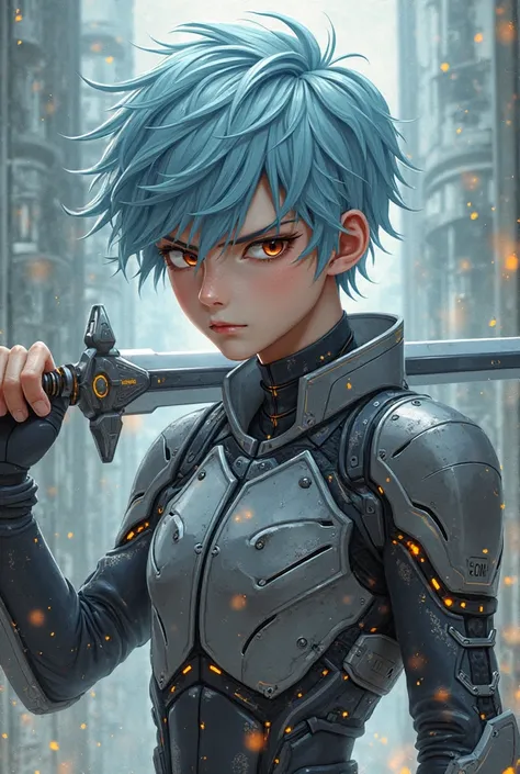 15-year-old boy with light blue hair, with a skinny build he has a technological suit and carries two medium-length swords. He is also angry