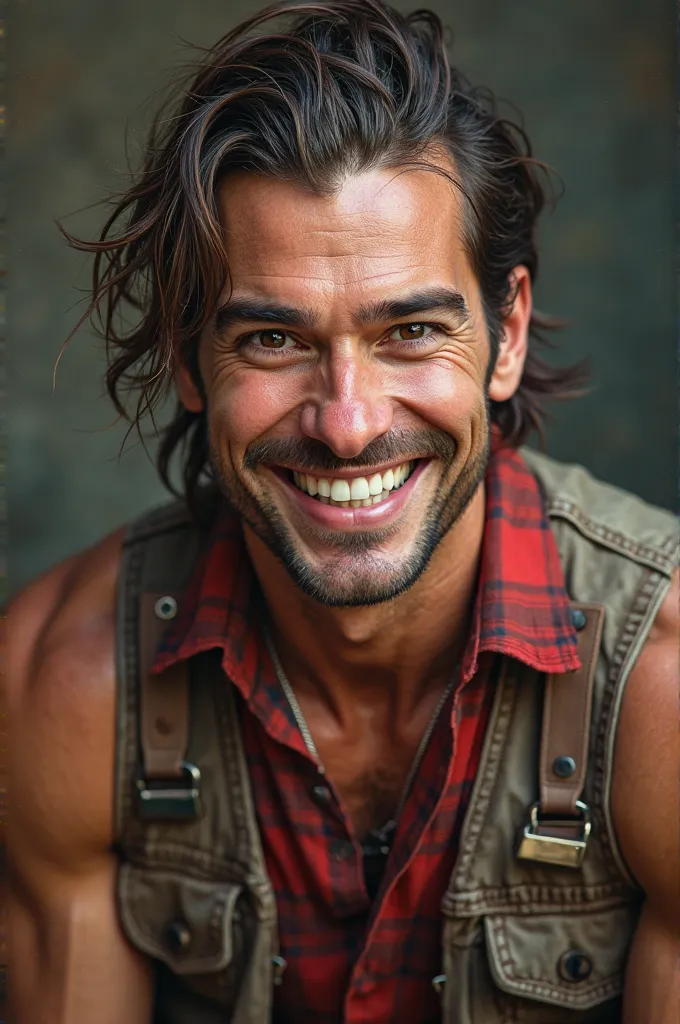 Realistic portrait, redneck, young man, cap, ponytail, red sleeveless plaid shirt, vest, grinning.