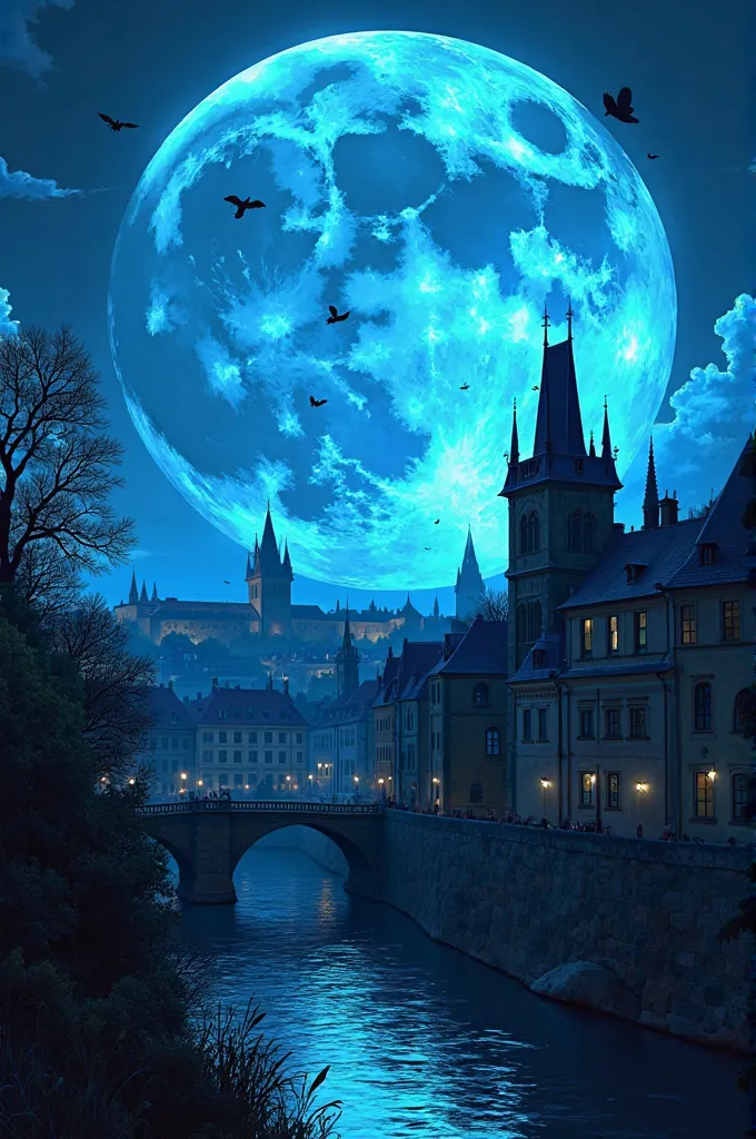 Create an illustration about a blue moon with a dark landscape in prague. Like comic book 