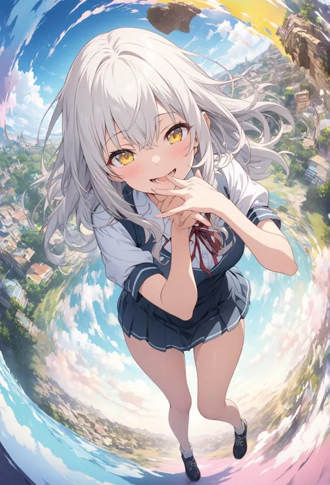 masterpiece, Highest quality, Highly Detailed CG Unity 8k Wallpaper, bet background, anime illustration of a high school girl. Attractive Pose、Close your eyes、is opening his mouth, smile.  The background is a pastel colored landscape, White hair color, yel...