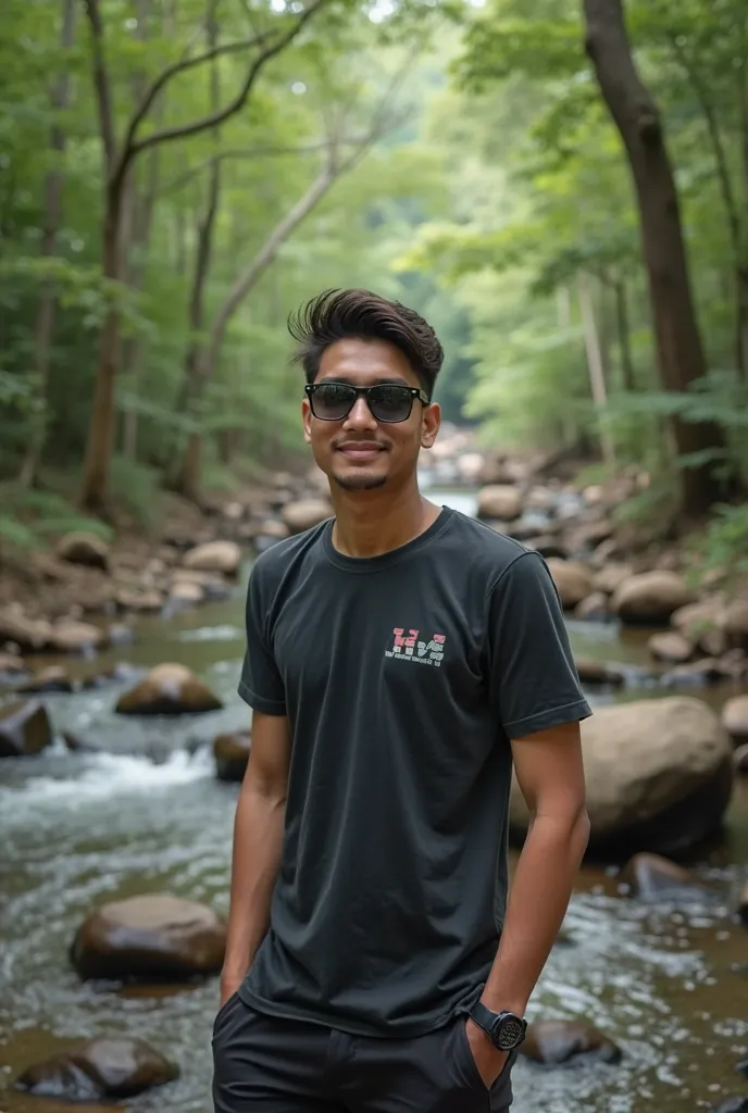 arafed young man in sunglasses standing in front of a stream, ramil sunga, mid shot portrait, in front of a forest background, avatar image, full protrait, potrait, protrait, taken with canon 8 0 d, raden saleh, with sunglass, amidst nature, nivanh chantha...