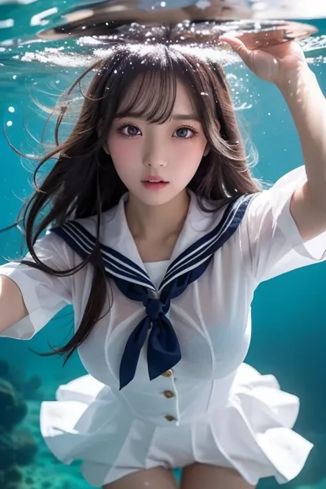 ( see-through:1.3),White sailor suit, sailor dress ,  White Theme , school uniform,  sailor suit ,  stare at viewers,  Madness,  long disheveled hair ,   beautiful eyes in every detail  ,Hair shines,Dramatic angle, blue sailor color ,  Plump Boobs , ogipot...