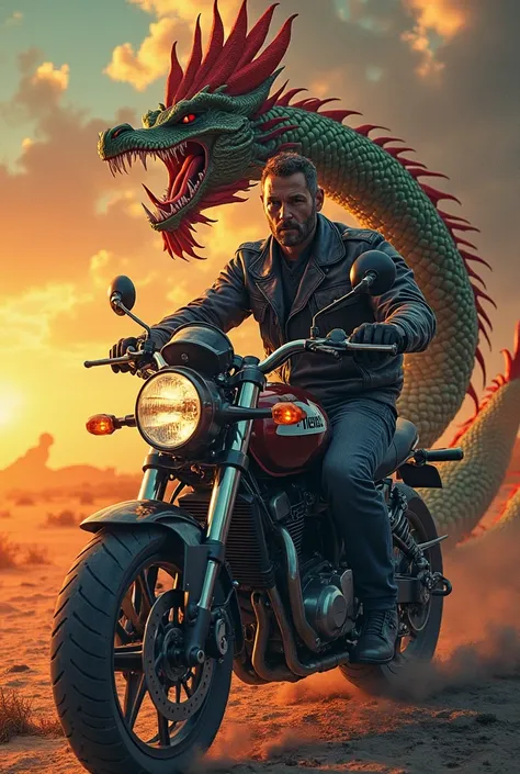 there is a man sitting on a motorcycle with a dragon on it, an album cover inspired by Bohumil Kubista, tumblr, realism, the king of rooster, tekkon kinreet, album art, king of time reaper, rk post, new song, 8 k highly detailed ❤🔥 🔥 💀 🤖 🚀, mohamed chahin ...