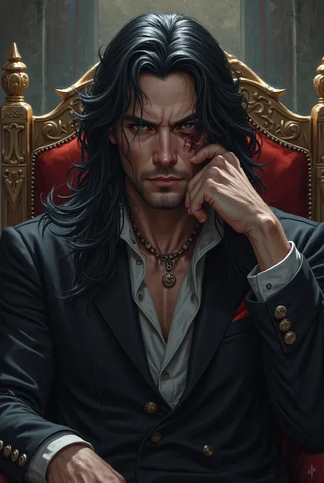 Handsome man with gray eyes, DEEP LOOK, scar, long black hair, Sitting on a throne with his hand on his cheek Sukuna