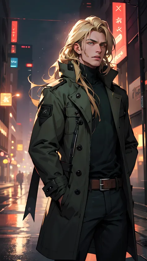 1Men, Solo, slim and tall; longe Blonde Hair; green iris; dark green futuristic coat, Belts on cloth, cyber city background, hand in pocket, one ,yawning, high boots with belts, night,