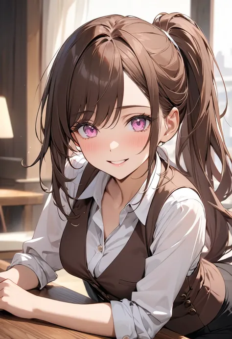 masterpiece, best quality, a women, brown long hair, ponytail, pink eyes, glad, waistcoat. 