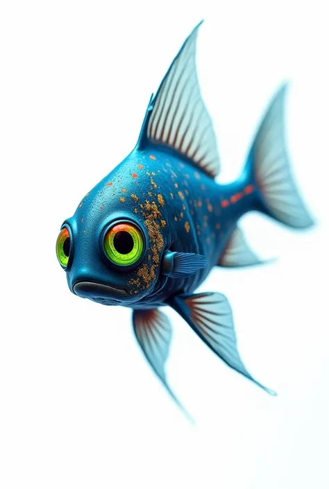 A new species of fish that is a blue fish with details in other colors and bright green eyes " white background"  realistic drawing  