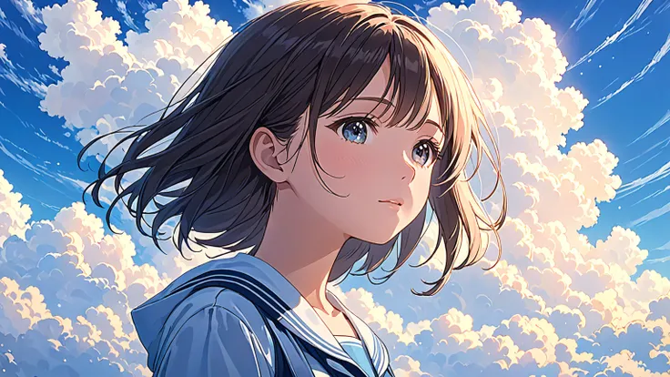 The profile of a beautiful high school girl is looking up at the blue sky filled with clouds、Portrait