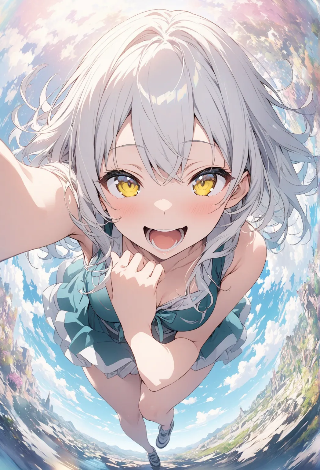 masterpiece, Highest quality,, bet background, anime illustration of a high school girl. Attractive Pose、Close your eyes、is opening his mouth, smile.  The background is a pastel colored landscape, White hair color, yellow eyes, looking at the camera,  fish...