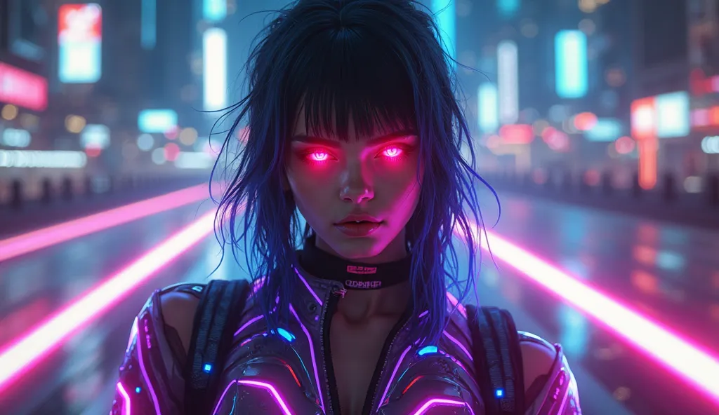 Melanie Martimez with a armorA cyberpunk-style girl with glowing neon purple and blue accents, wearing a futuristic racing outfit, standing in front of a speeding high-tech vehicle. Her eyes are glowing red, and there is an aura of electric energy around h...