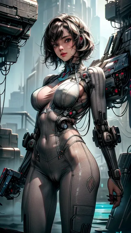 (masterpiece, best quality, intricate details, highly detailed:1.2), 3d, realistic , highres, 8k, absurdres, skinny, mecha, science fiction, futuristic city, cybernetic bodysuit, short brown hair, fringe, big_breasts, cameltoe, underboob,
