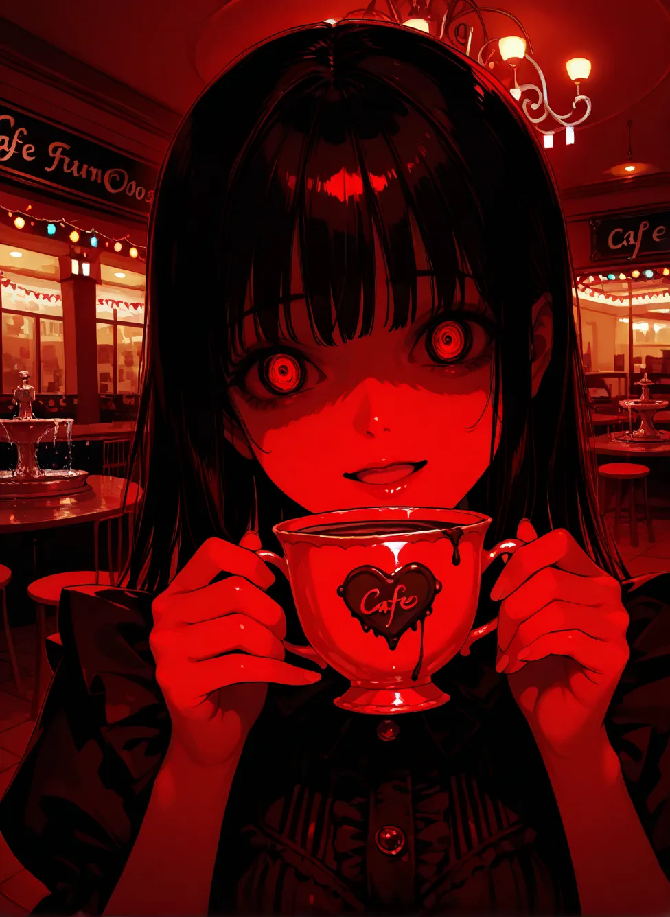 1girl, solo, close up,cafe, antique chocolate shop, fountain,  decorations, glowing , holding tea cup, yandere:0.65, Pov,romantic horror, horror \(theme\), limited palette, absurdres, 
