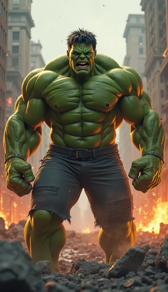 A muscular, furious Hulk stands amidst the ruins of the city, his enormous green fists clenched. His face is twisted with rage and confusion as he surveys the destruction around him. His skin glows under the flickering firelight, his breath heavy with anti...