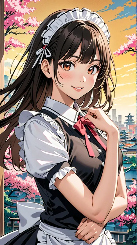   young woman, Beautiful woman wearing colorful Japanese Akihabara maid clothes,   Brownish Black Hair  , Japanese painting, anime art, Colored pencil drawing、Using the state of future cities in the background、Facing the front with a smile、Do a pose with n...