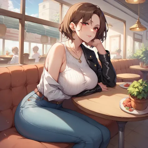 a MILF with brown hair and red eyes. she is wearing a black leather jacket, a white shirt and blue jeans. she has her foot on your crotch under a table in a cafe.