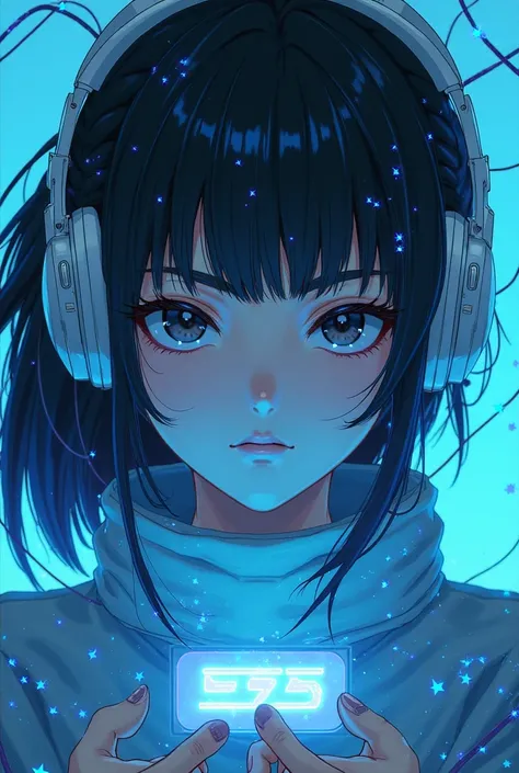 Create an anime-style female character wallpaper resolution 1080 x 2348 with one side of the robotic face with white headphones and black hair holding an Exynos processor symbol and a blue amoled background with blue wires 