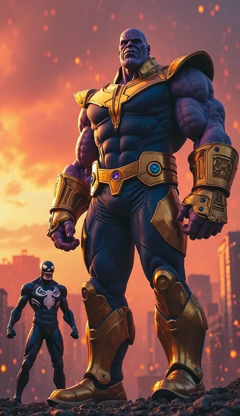 Thanos stands tall beside Venom, his golden Infinity Gauntlet shimmering ominously under the crimson sky. Each Infinity Stone pulses with cosmic energy, casting an eerie glow on his massive, armored frame. His eyes burn with ruthless ambition as he surveys...