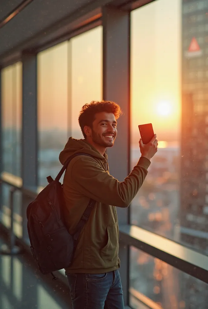 A young traveller just woke up and prepared for his trip. He is walking down a busy street at sunrise, holding his passport in his hand. He is wearing a backpack and comfortable travel clothes. Arriving at the airport, {x} he stops in front of a big flight...