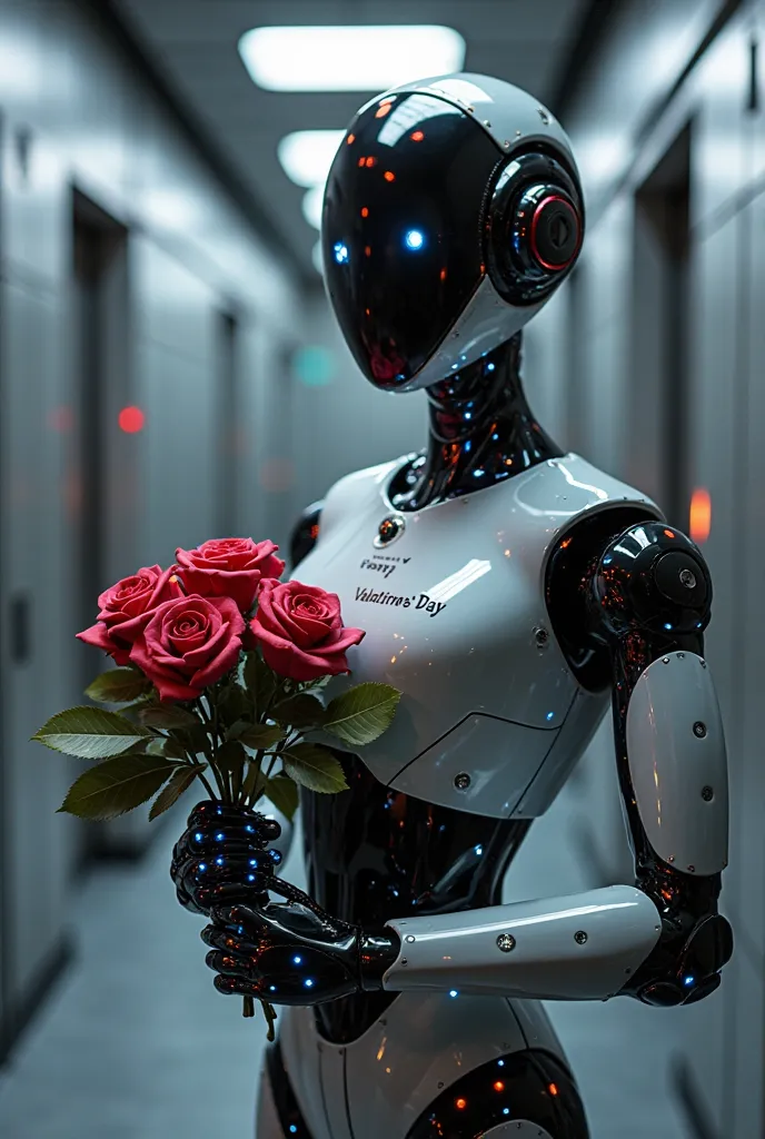 A robot with a sleek black face, displaying the text 'Happy Valentine's Day' on its surface. It holds a bouquet of mechanical (roses made of metal), with glowing blue fluorescence visible in the seams. The futuristic bouquet combines organic and technologi...